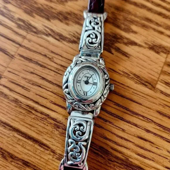BRIGHTON "Santa Barbara" Silver Ornate Watch w/ Brown Leather TIMELESS CHIC - Picture 2 of 8